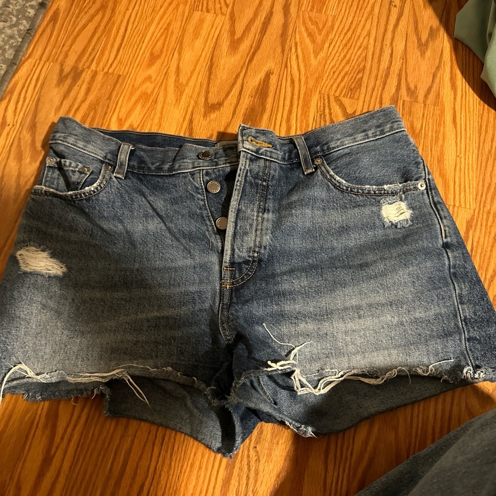 Everlane Shorts Womens 29 Blue Cheeky Button Fly Cut Off Denim Jean Booty ripped